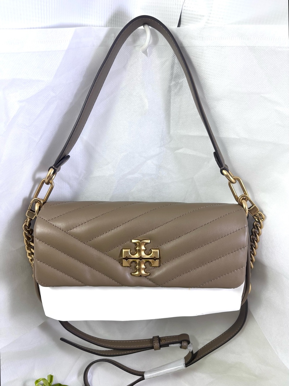 Tory Burch Kira Chevron Sm Flap Shoulder Bag. Color:Sandpiper.